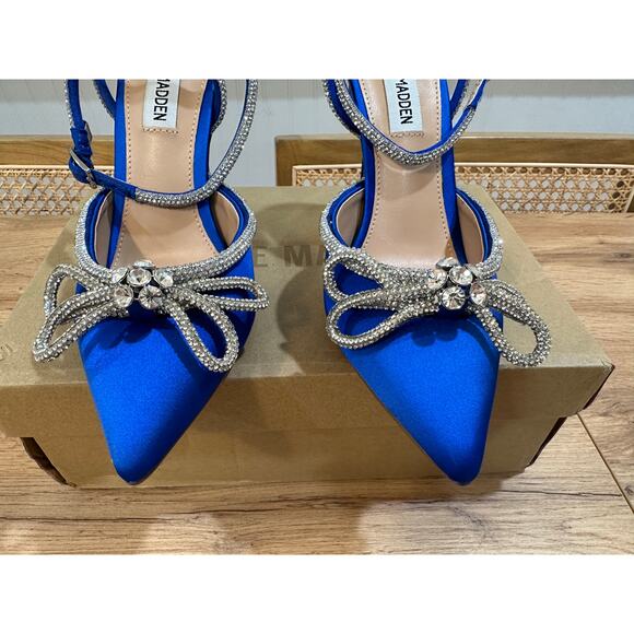 Steve Madden Viable Heels Cobalt Blue Rhinestones Bow Design Size 6.5 NIB Dressy - Picture 5 of 12